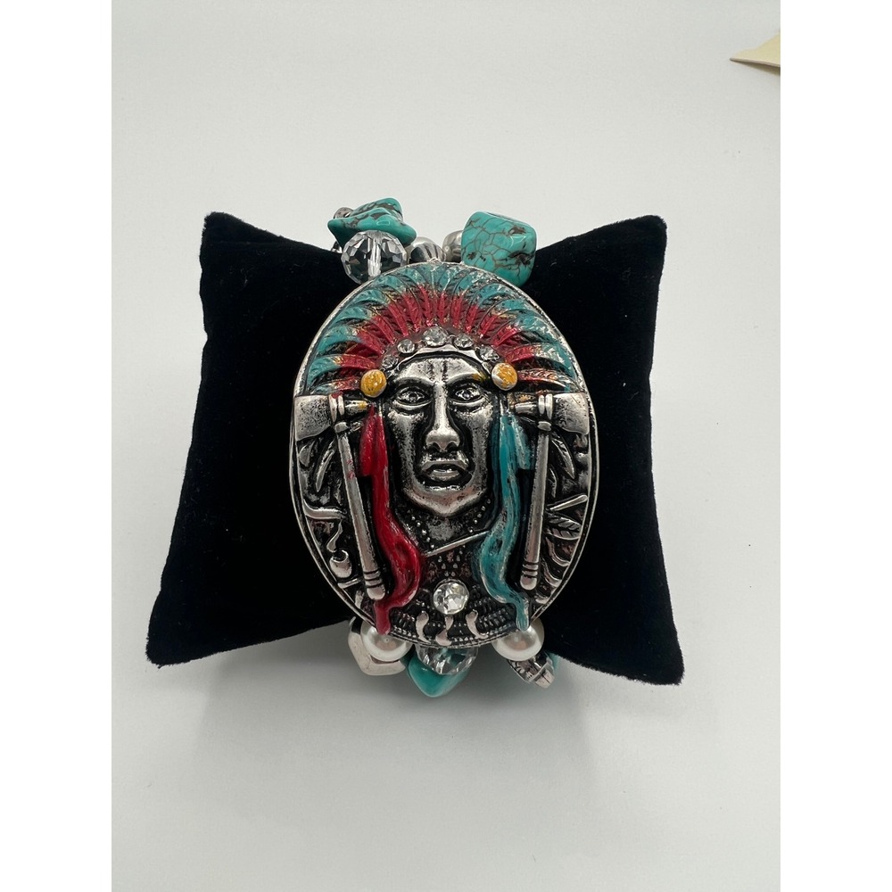 DaVinci Western Rodeo Stretch Bracelet Set Turquoise Faux Pearl Silver Tone